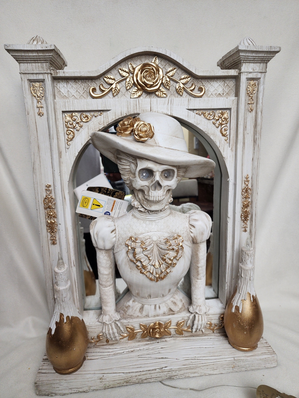Ornate White and XL Gold Victorian Lady Skeleton Bust Mirror ANIMATED LIGHTS